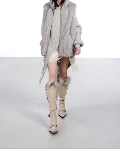 NORTH NODE Faux Fur Patchwork Stand Collar Zip Women&