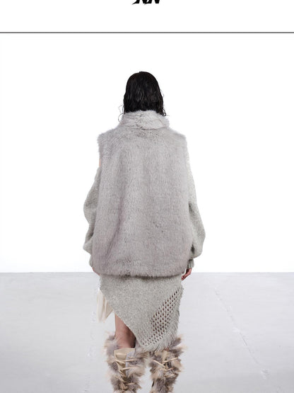 NORTH NODE Faux Fur Patchwork Stand Collar Zip Women&