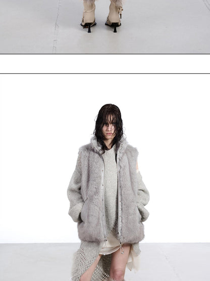 NORTH NODE Faux Fur Patchwork Stand Collar Zip Women&