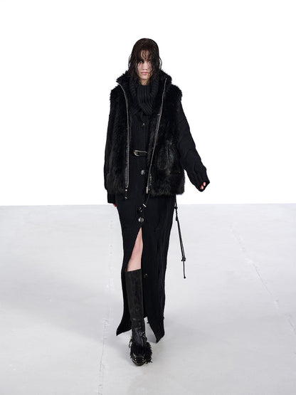 NORTH NODE Faux Fur Patchwork Stand Collar Zip Women&