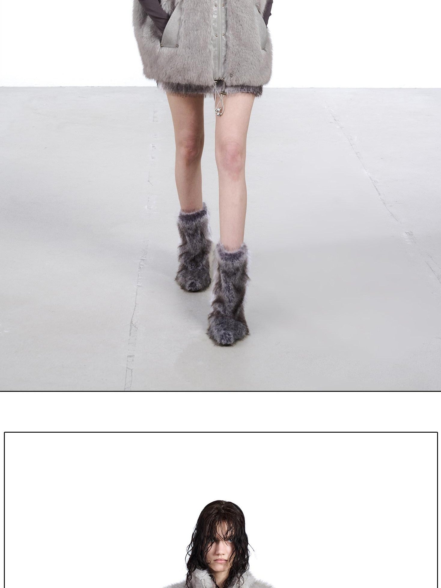 NORTH NODE Faux Fur Patchwork Stand Collar Zip Women&