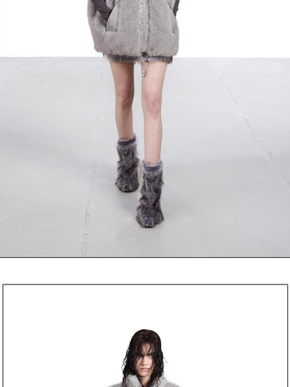 NORTH NODE Faux Fur Patchwork Stand Collar Zip Women&