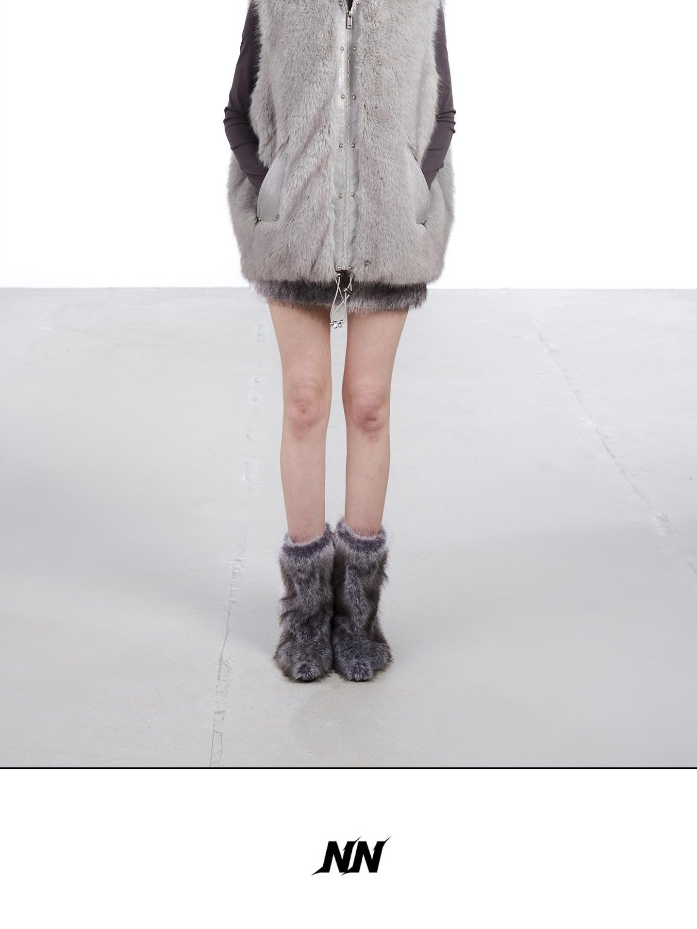 NORTH NODE Faux Fur Patchwork Stand Collar Zip Women&