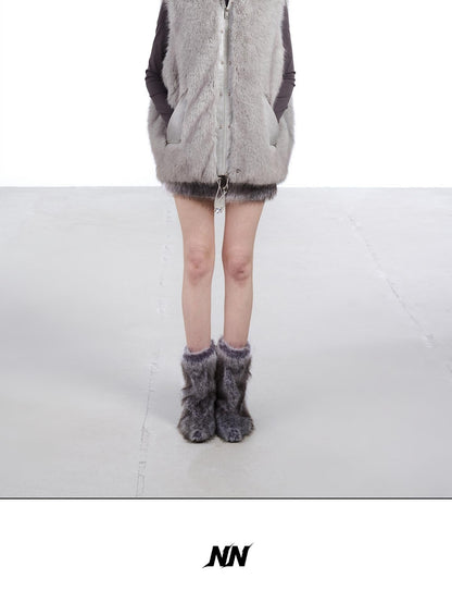 NORTH NODE Faux Fur Patchwork Stand Collar Zip Women&