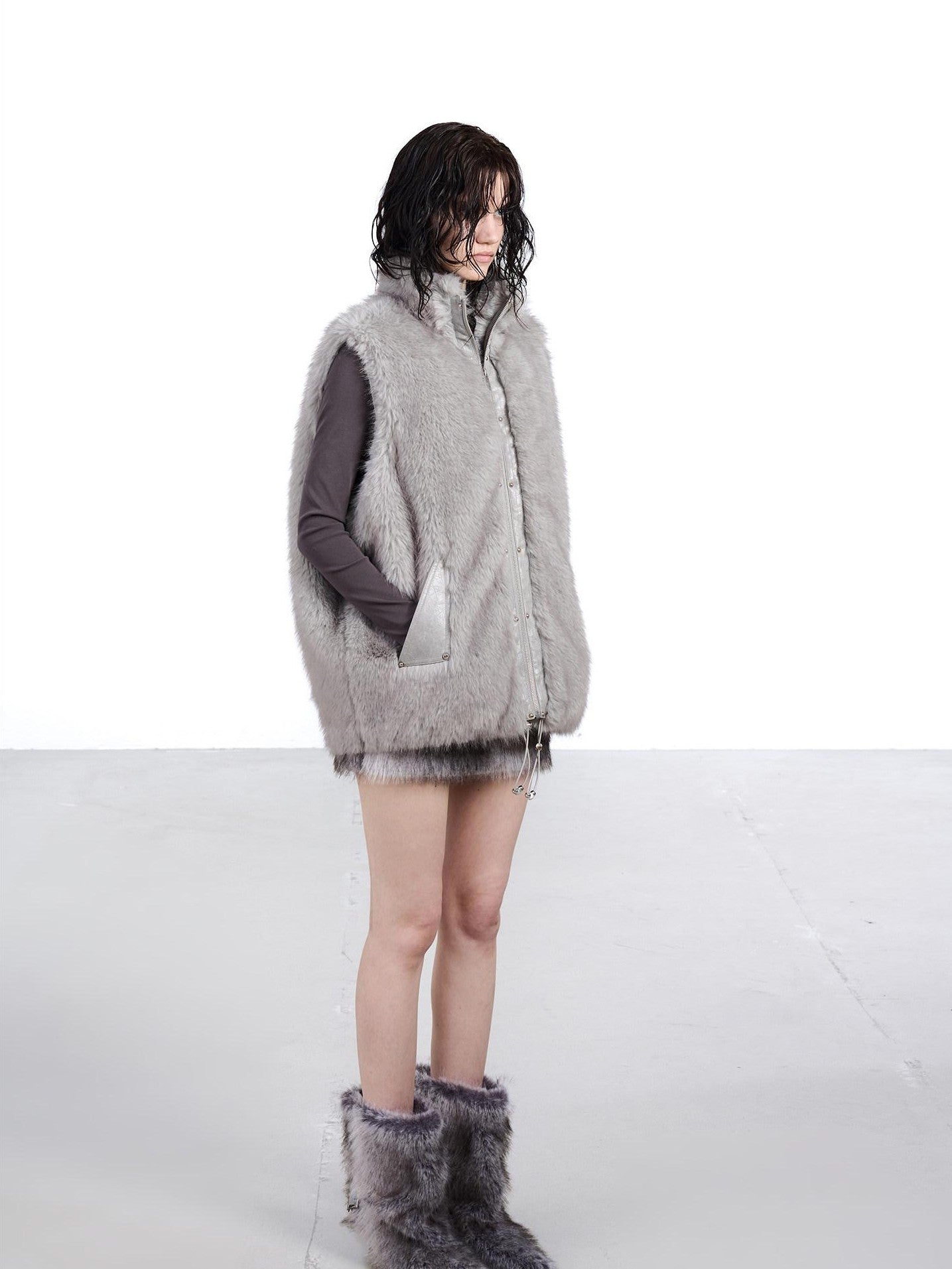 NORTH NODE Faux Fur Patchwork Stand Collar Zip Women&