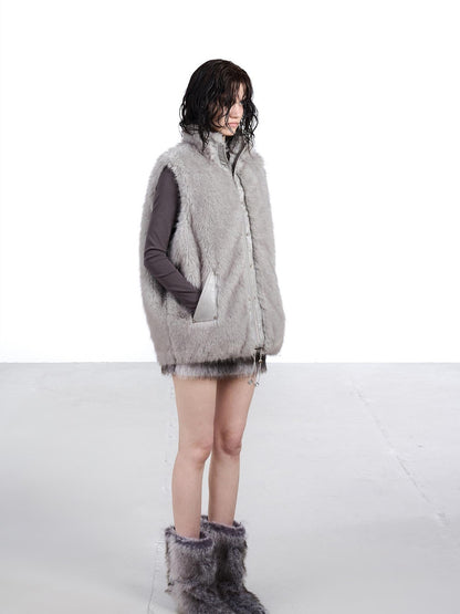 NORTH NODE Faux Fur Patchwork Stand Collar Zip Women&