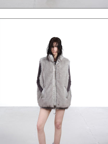 NORTH NODE Faux Fur Patchwork Stand Collar Zip Women&
