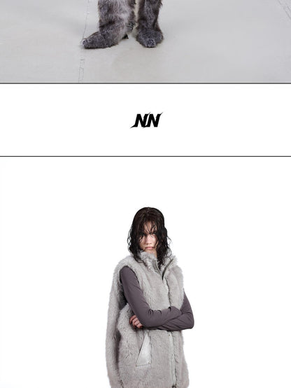 NORTH NODE Faux Fur Patchwork Stand Collar Zip Women&