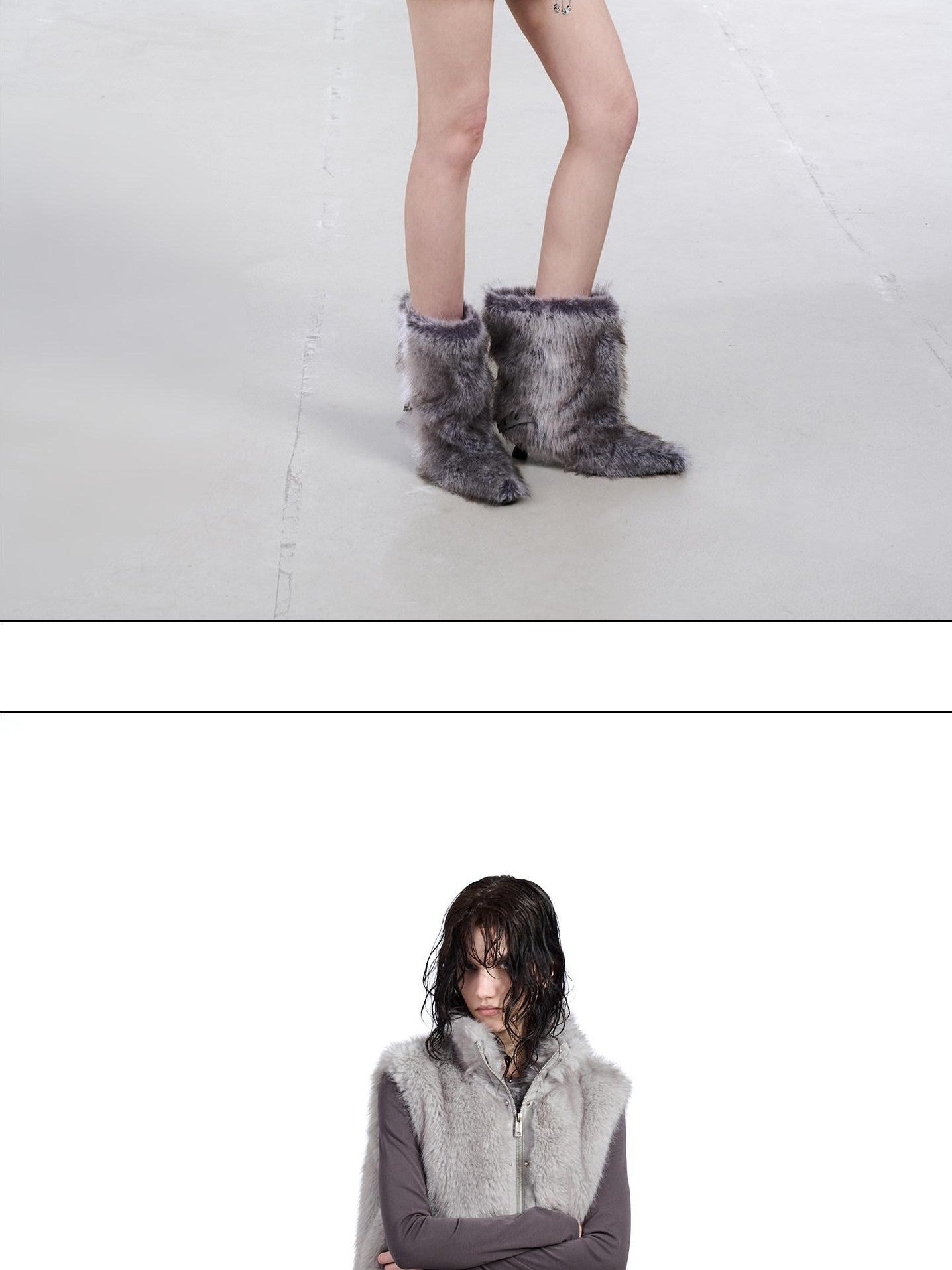 NORTH NODE Faux Fur Patchwork Stand Collar Zip Women&