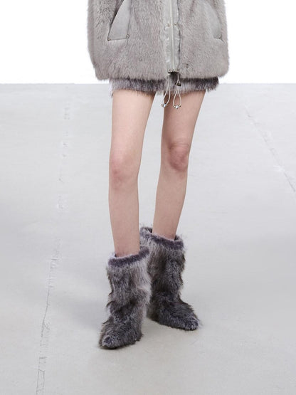 NORTH NODE Faux Fur Patchwork Stand Collar Zip Women&
