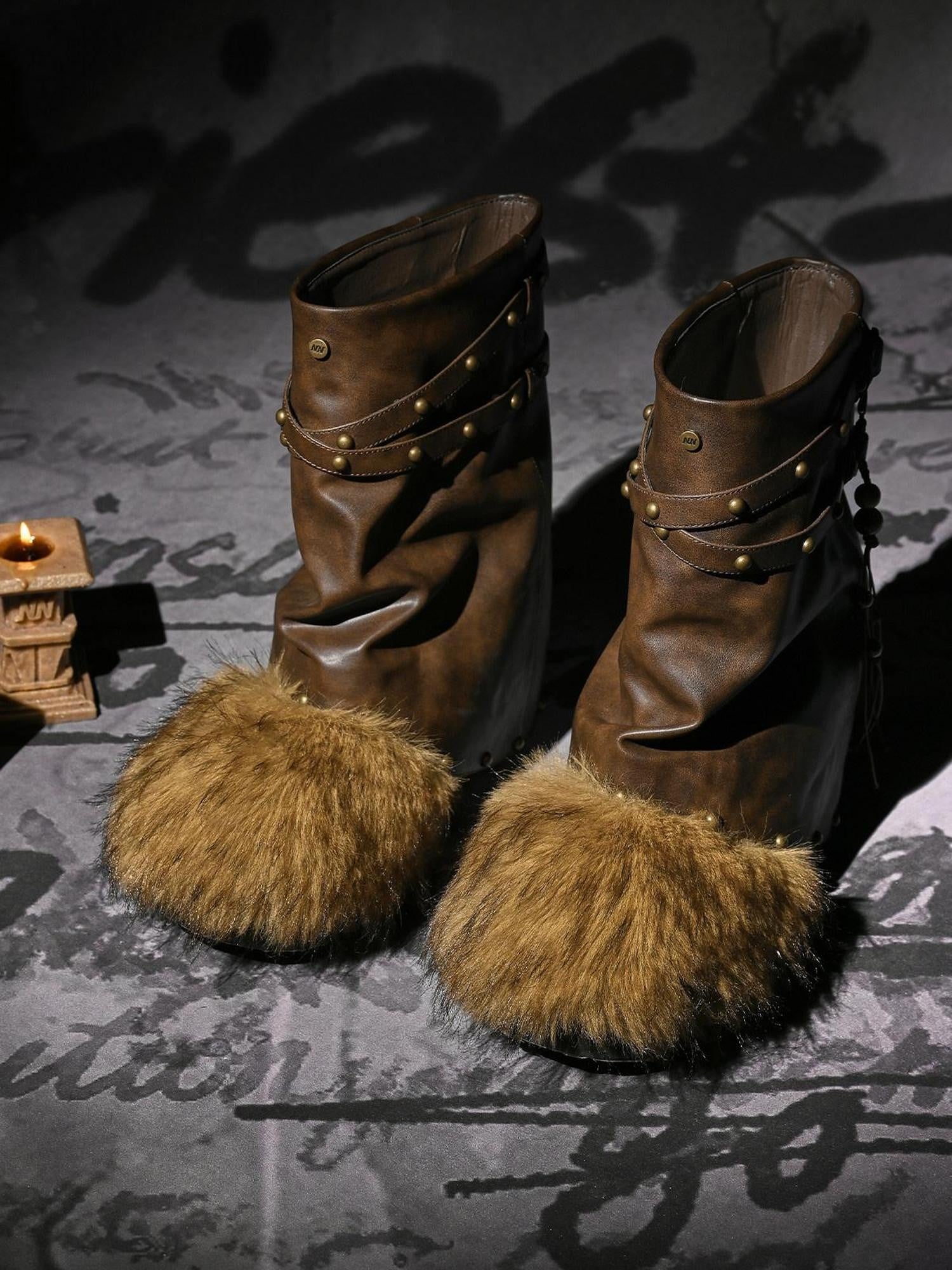 NORTH NODE Faux Fur Patchwork Studded Beaded Round Toe Women&