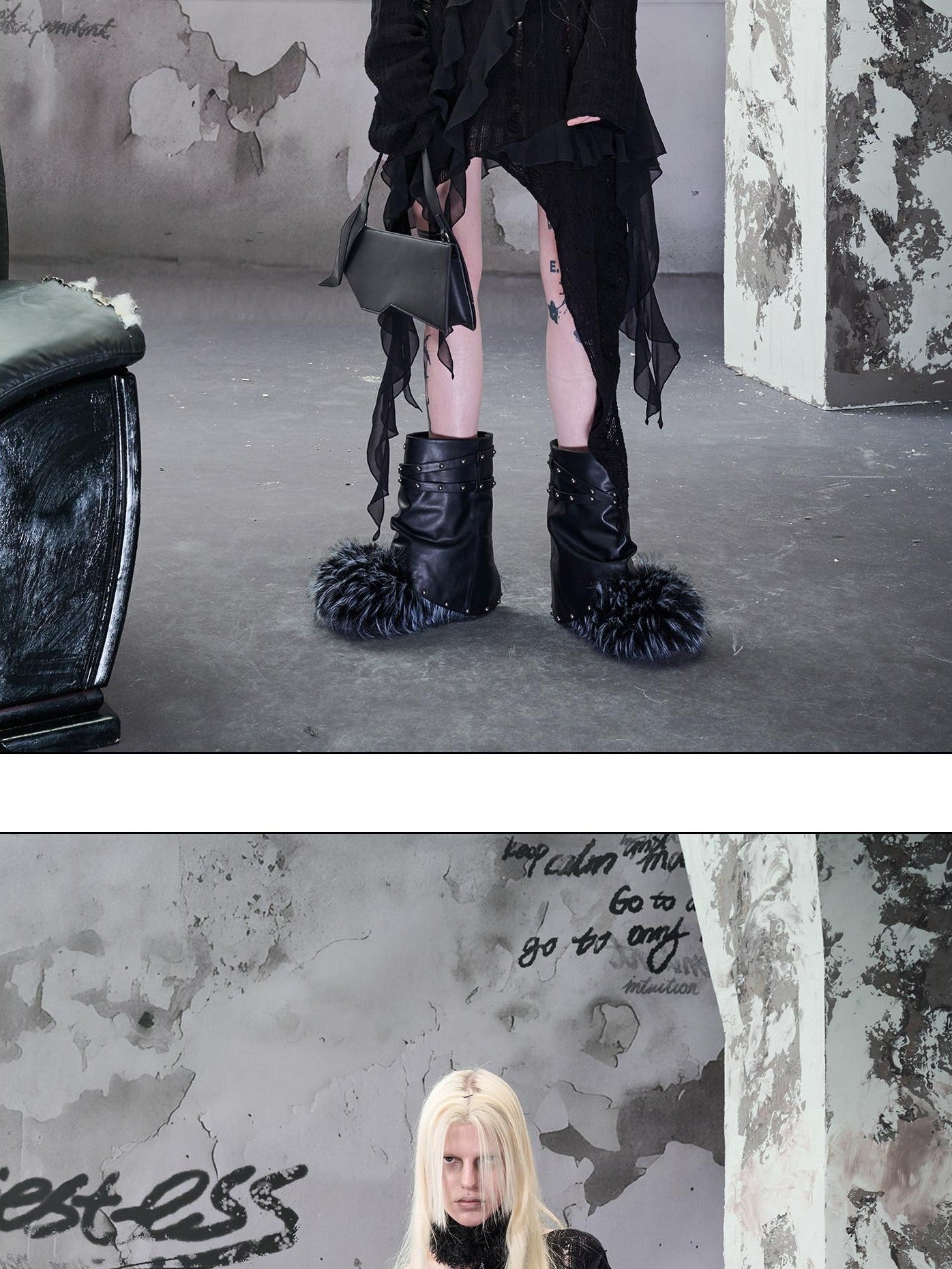 NORTH NODE Faux Fur Patchwork Studded Beaded Round Toe Women&