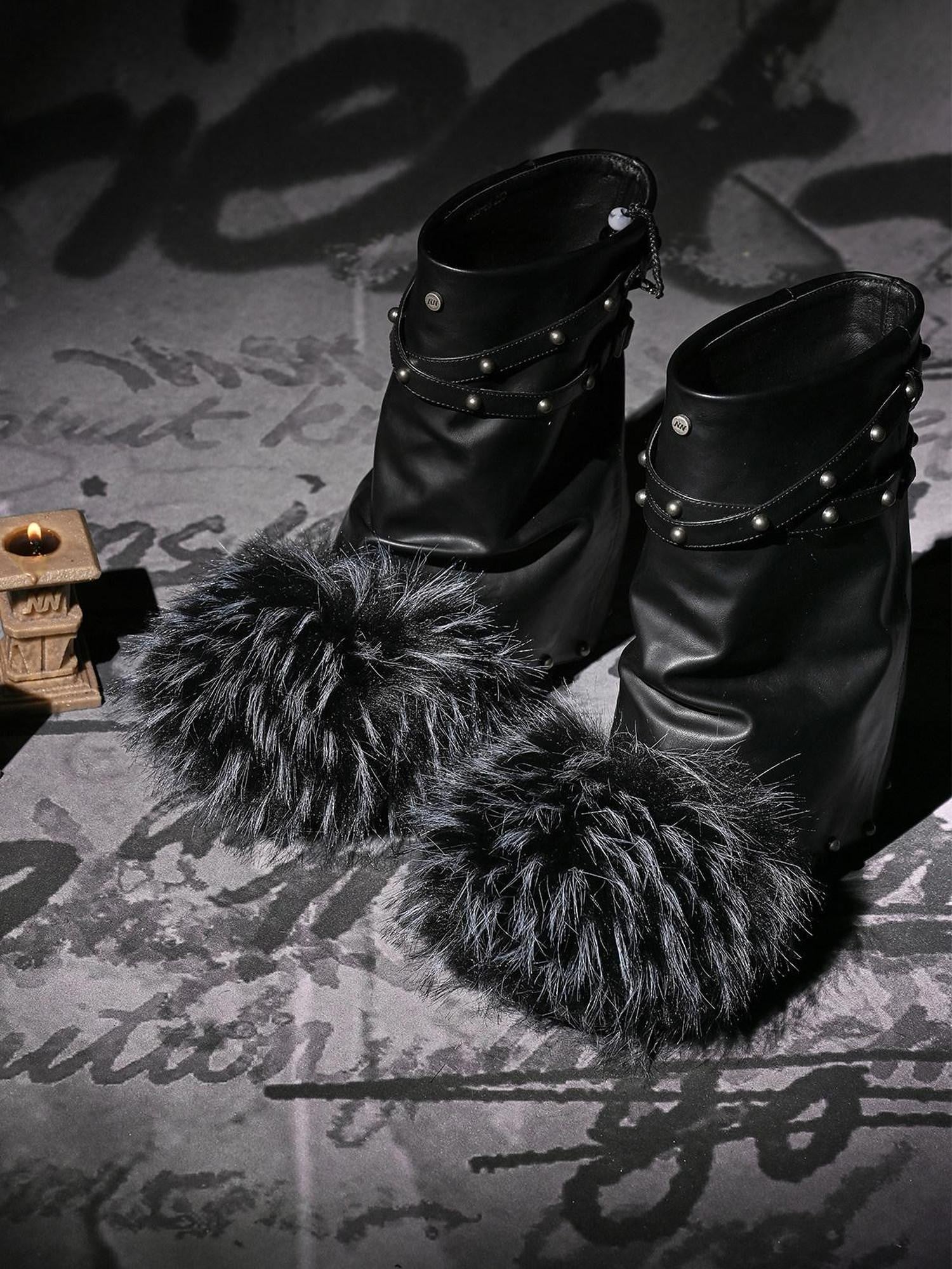 NORTH NODE Faux Fur Patchwork Studded Beaded Round Toe Women&