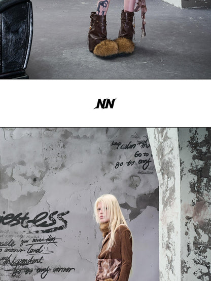NORTH NODE Faux Fur Patchwork Studded Beaded Round Toe Women&