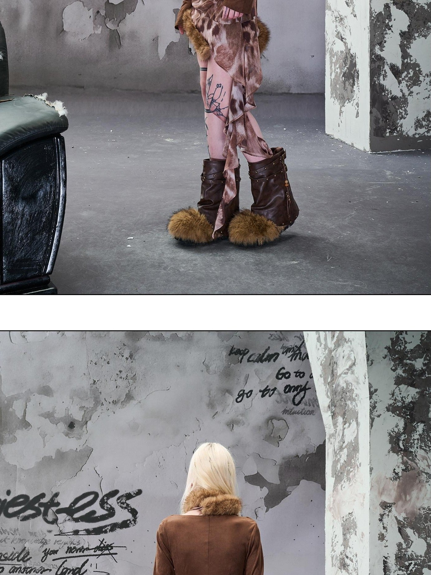 NORTH NODE Faux Fur Patchwork Studded Beaded Round Toe Women&