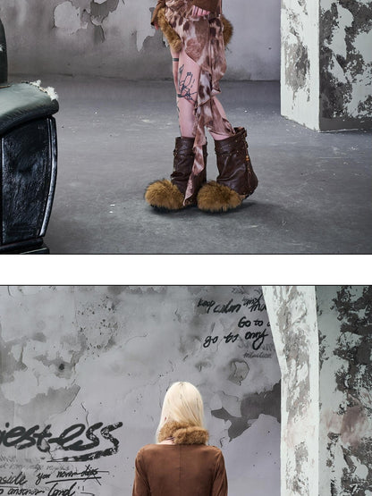 NORTH NODE Faux Fur Patchwork Studded Beaded Round Toe Women&