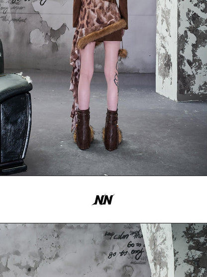 NORTH NODE Faux Fur Patchwork Studded Beaded Round Toe Women&