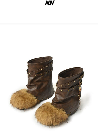 NORTH NODE Faux Fur Patchwork Studded Beaded Round Toe Women&