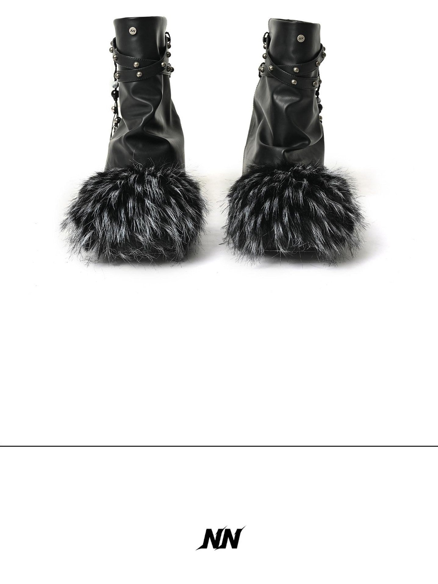 NORTH NODE Faux Fur Patchwork Studded Beaded Round Toe Women&