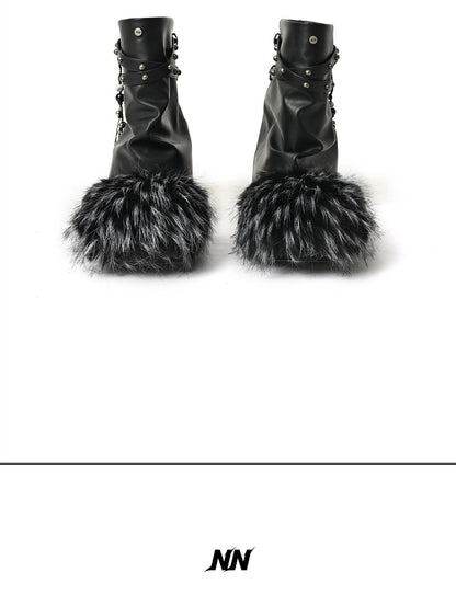 NORTH NODE Faux Fur Patchwork Studded Beaded Round Toe Women&