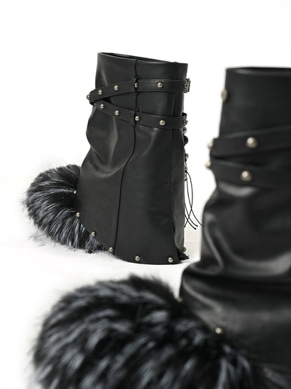 NORTH NODE Faux Fur Patchwork Studded Beaded Round Toe Women&