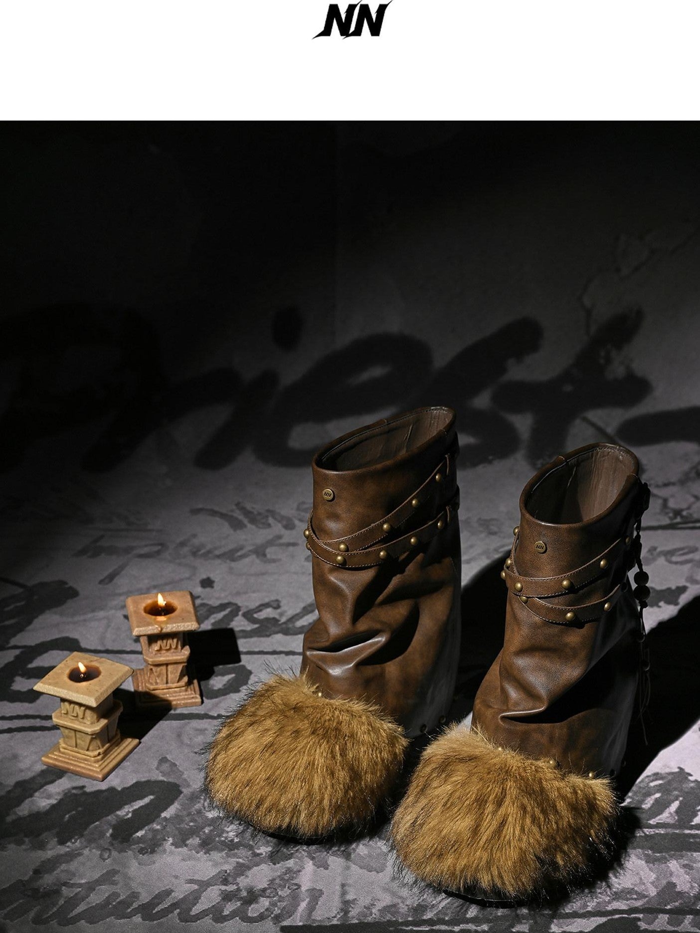 NORTH NODE Faux Fur Patchwork Studded Beaded Round Toe Women&