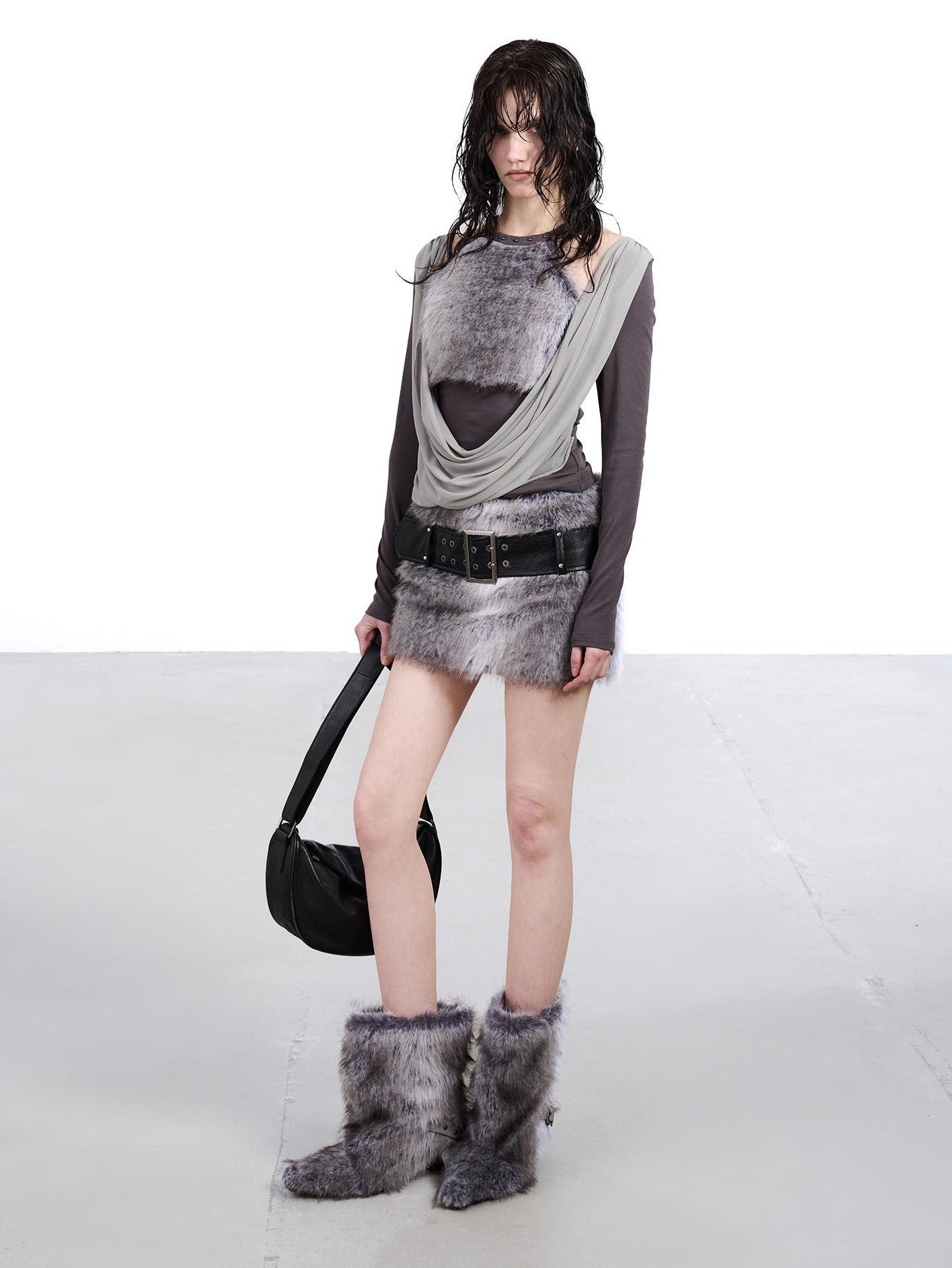 NORTH NODE Faux Fur Spliced Halter Neck Ruched Women&