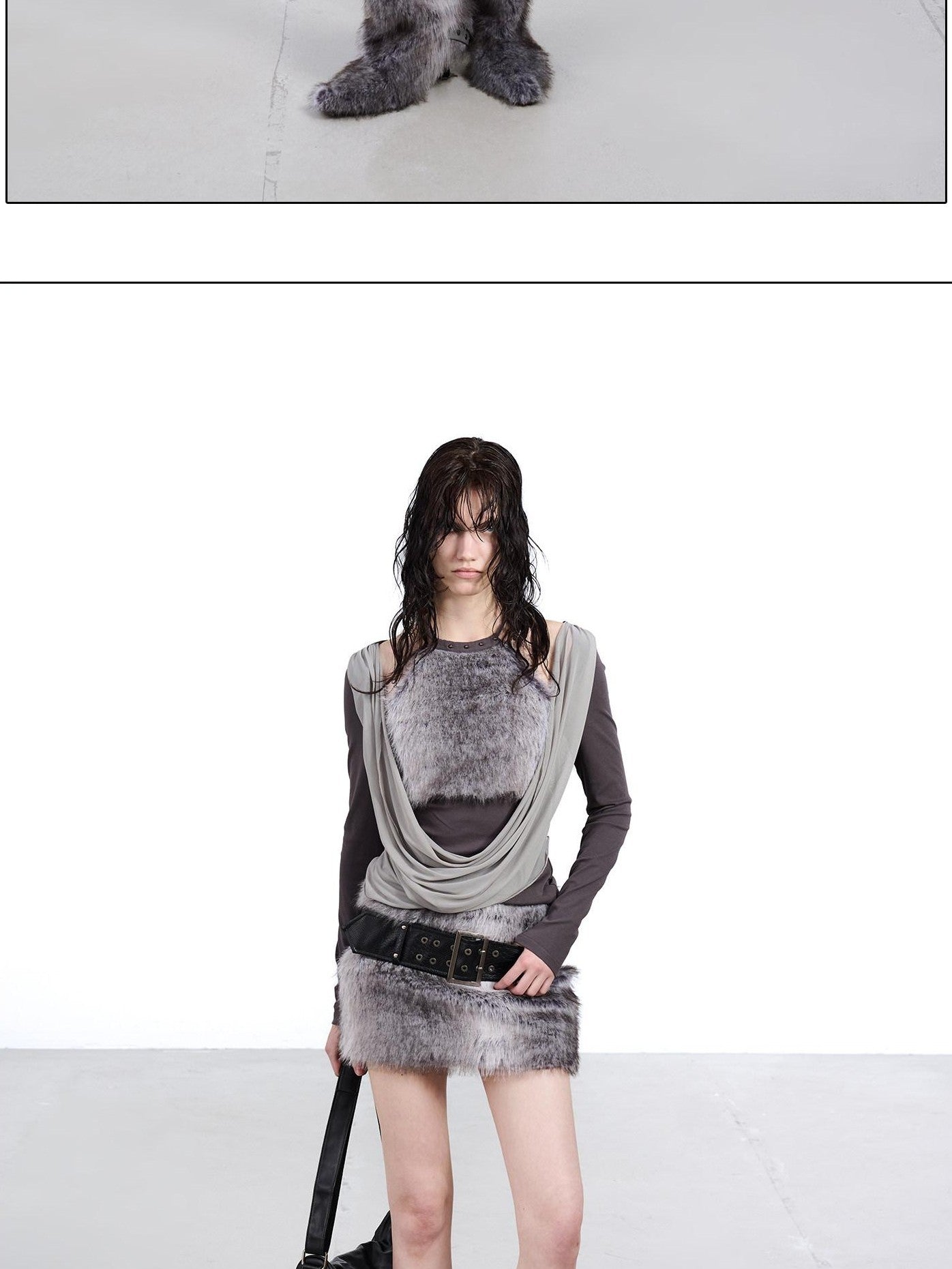 NORTH NODE Faux Fur Spliced Halter Neck Ruched Women&