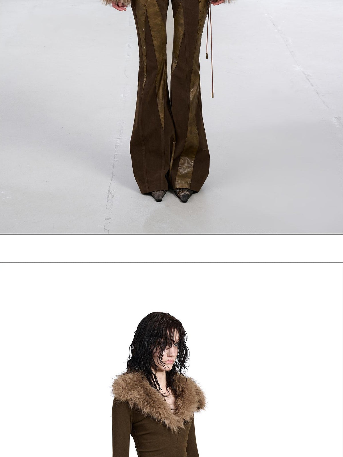 NORTH NODE Faux Fur Trim Paneled Long Sleeve Pullover Women&