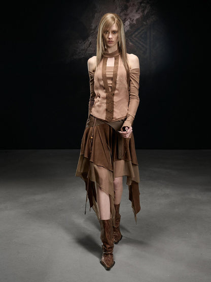 NORTH NODE Faux Suede Chiffon Spliced Off Shoulder Women&