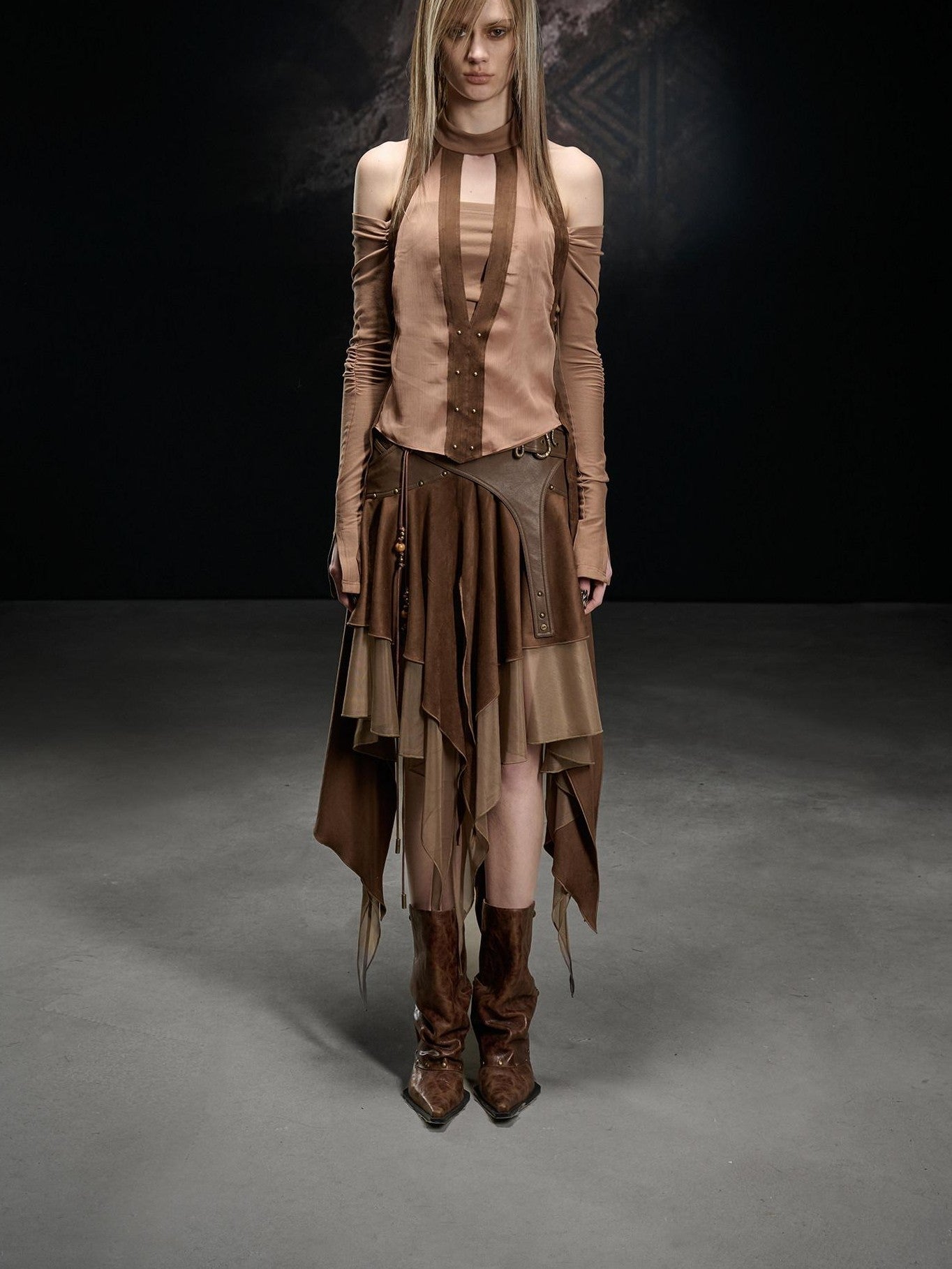 NORTH NODE Faux Suede Chiffon Spliced Off Shoulder Women&