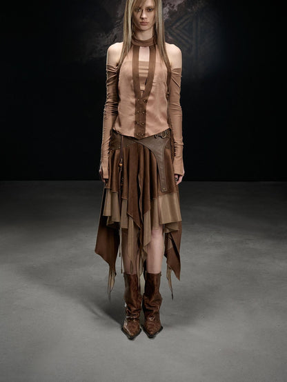 NORTH NODE Faux Suede Chiffon Spliced Off Shoulder Women&