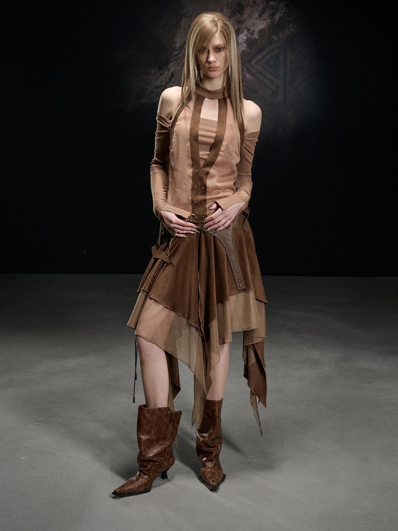 NORTH NODE Faux Suede Chiffon Spliced Off Shoulder Women&