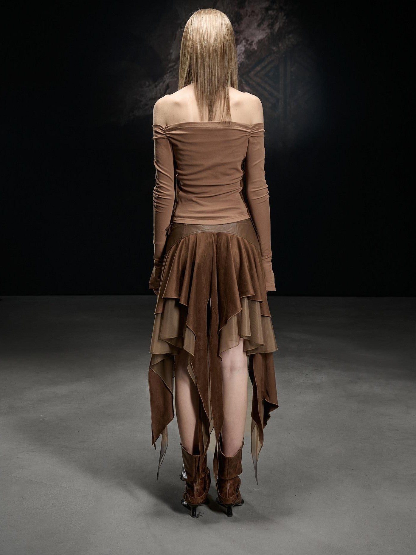 NORTH NODE Faux Suede Chiffon Spliced Off Shoulder Women&