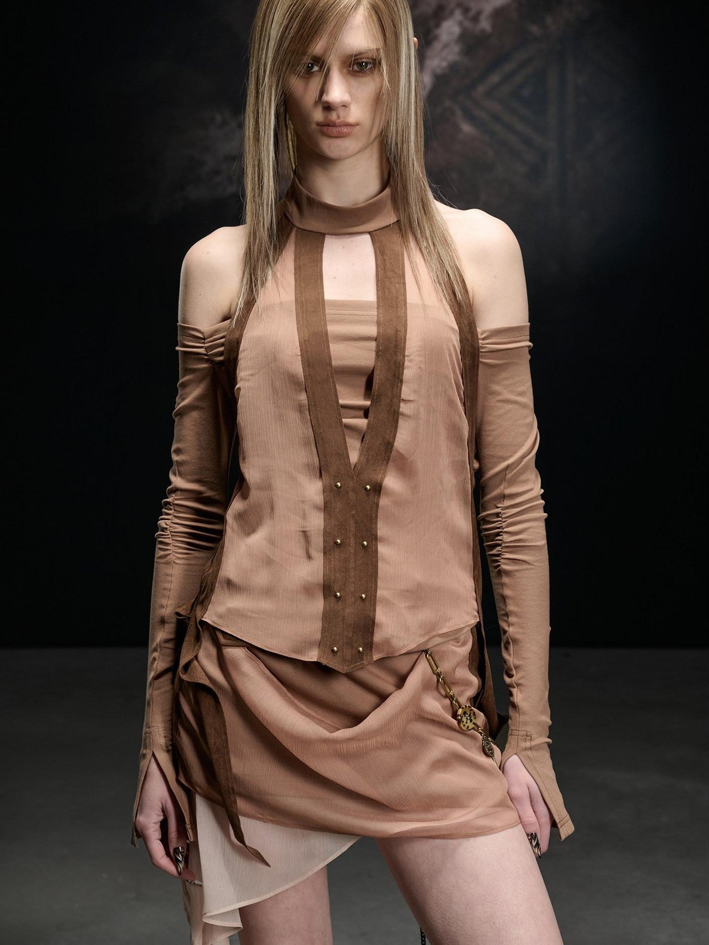 NORTH NODE Faux Suede Chiffon Spliced Off Shoulder Women&