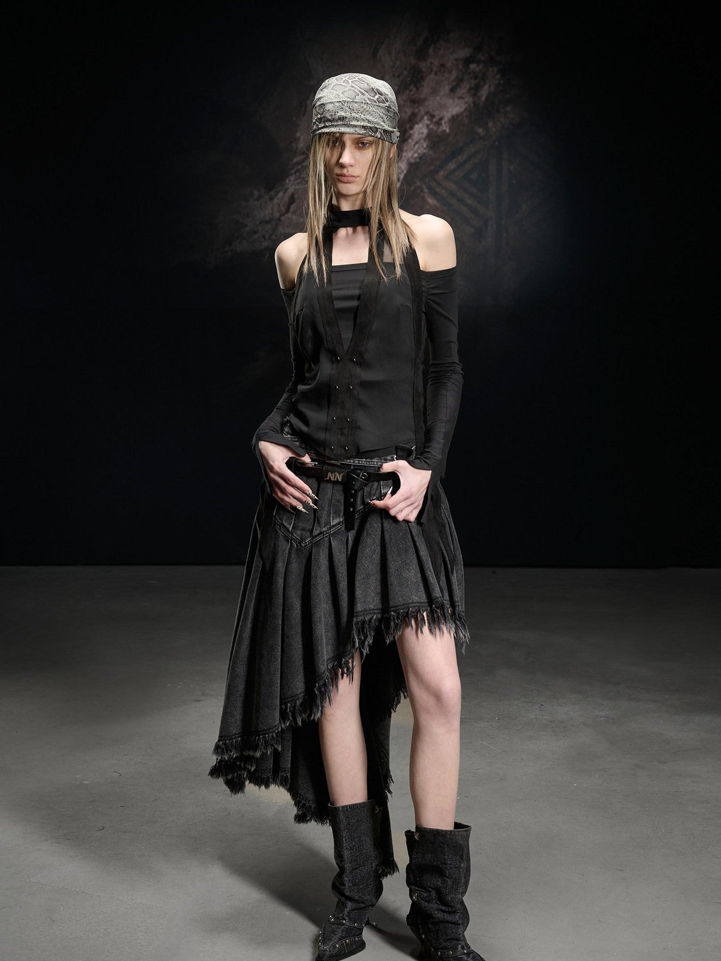 NORTH NODE Faux Suede Chiffon Spliced Off Shoulder Women&