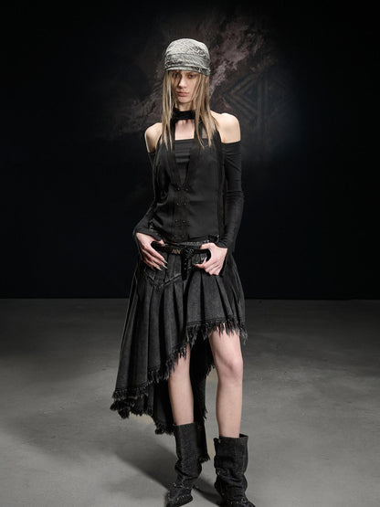 NORTH NODE Faux Suede Chiffon Spliced Off Shoulder Women&