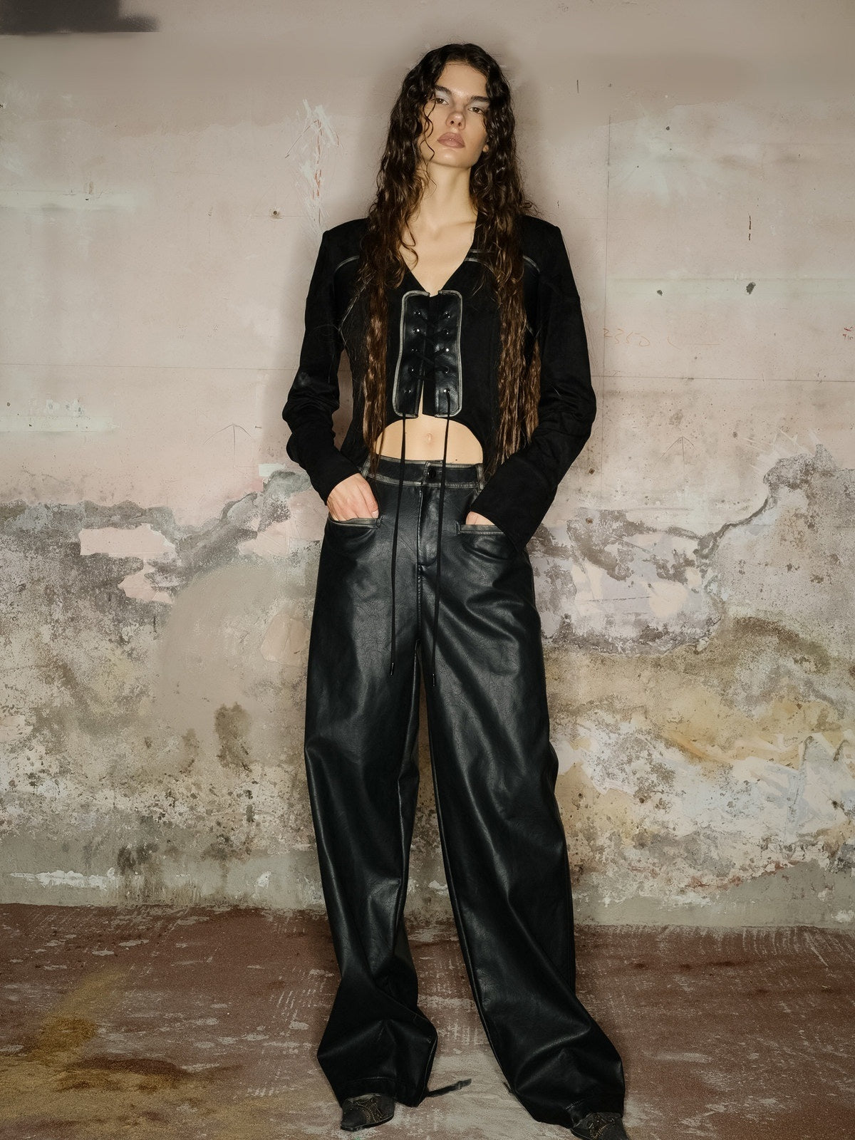 NORTH_NODE_Faux_Suede_Panel_Drawstring_Polo_Collar_Women&