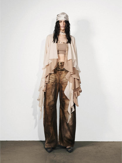 NORTH NODE Feathered Patchwork Asymmetric Layered Ruffle Women&