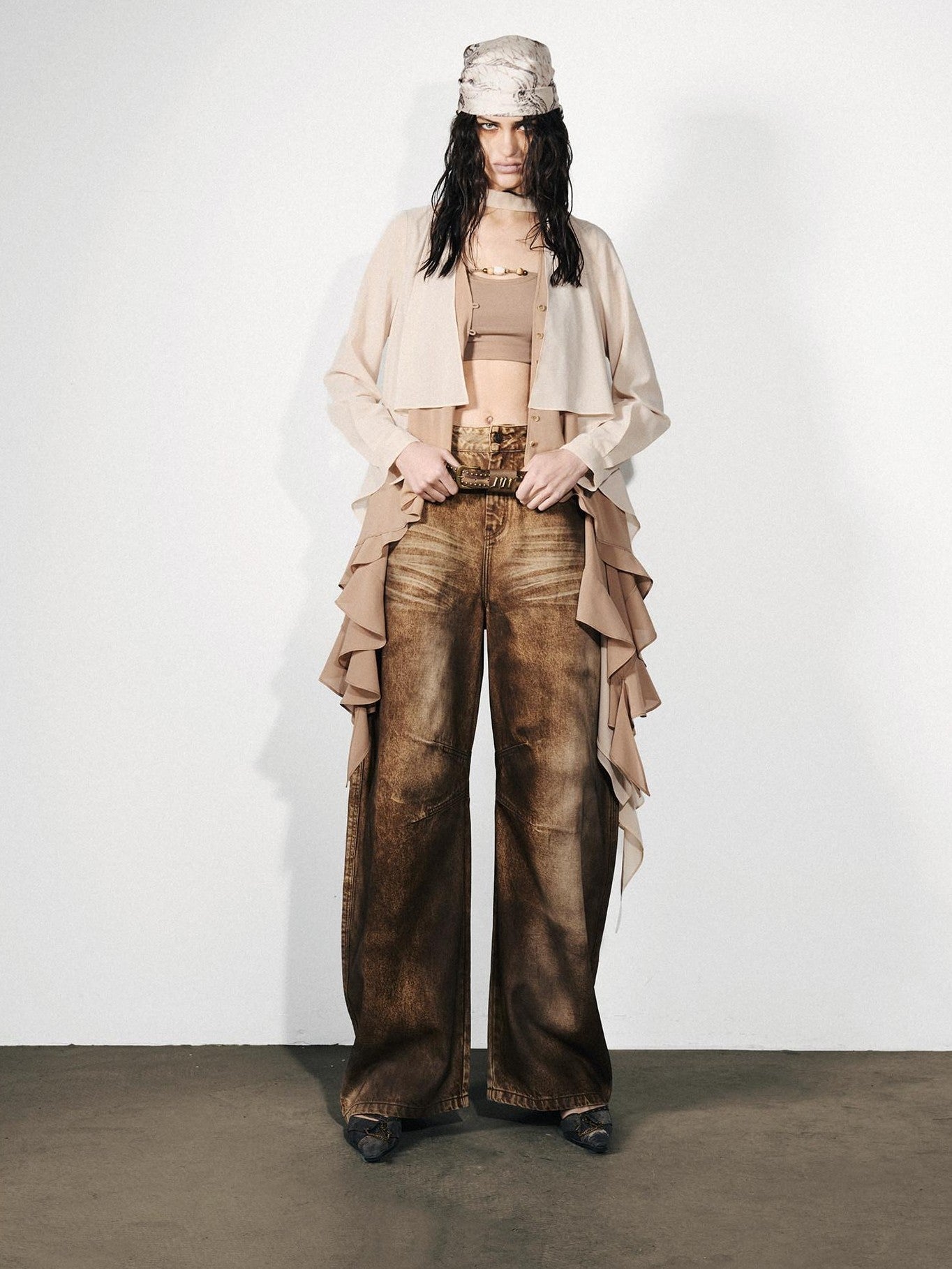 NORTH NODE Feathered Patchwork Asymmetric Layered Ruffle Women&