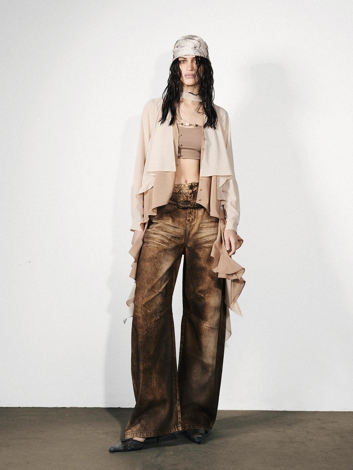 NORTH NODE Feathered Patchwork Asymmetric Layered Ruffle Women&