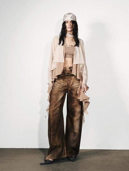 NORTH NODE Feathered Patchwork Asymmetric Layered Ruffle Women&