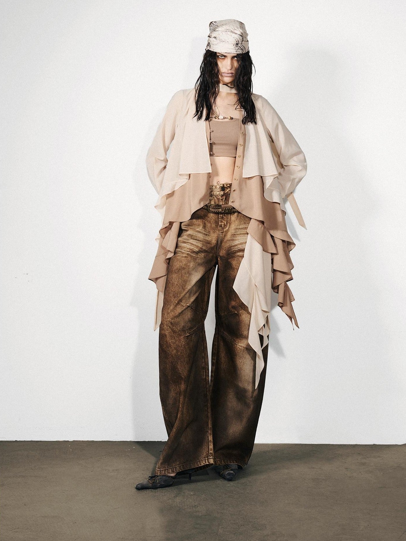 NORTH NODE Feathered Patchwork Asymmetric Layered Ruffle Women&