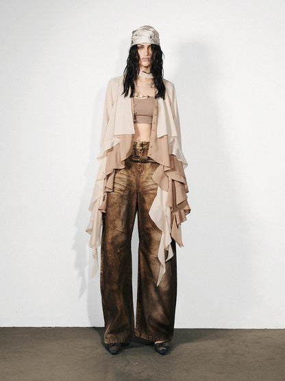 NORTH NODE Feathered Patchwork Asymmetric Layered Ruffle Women&