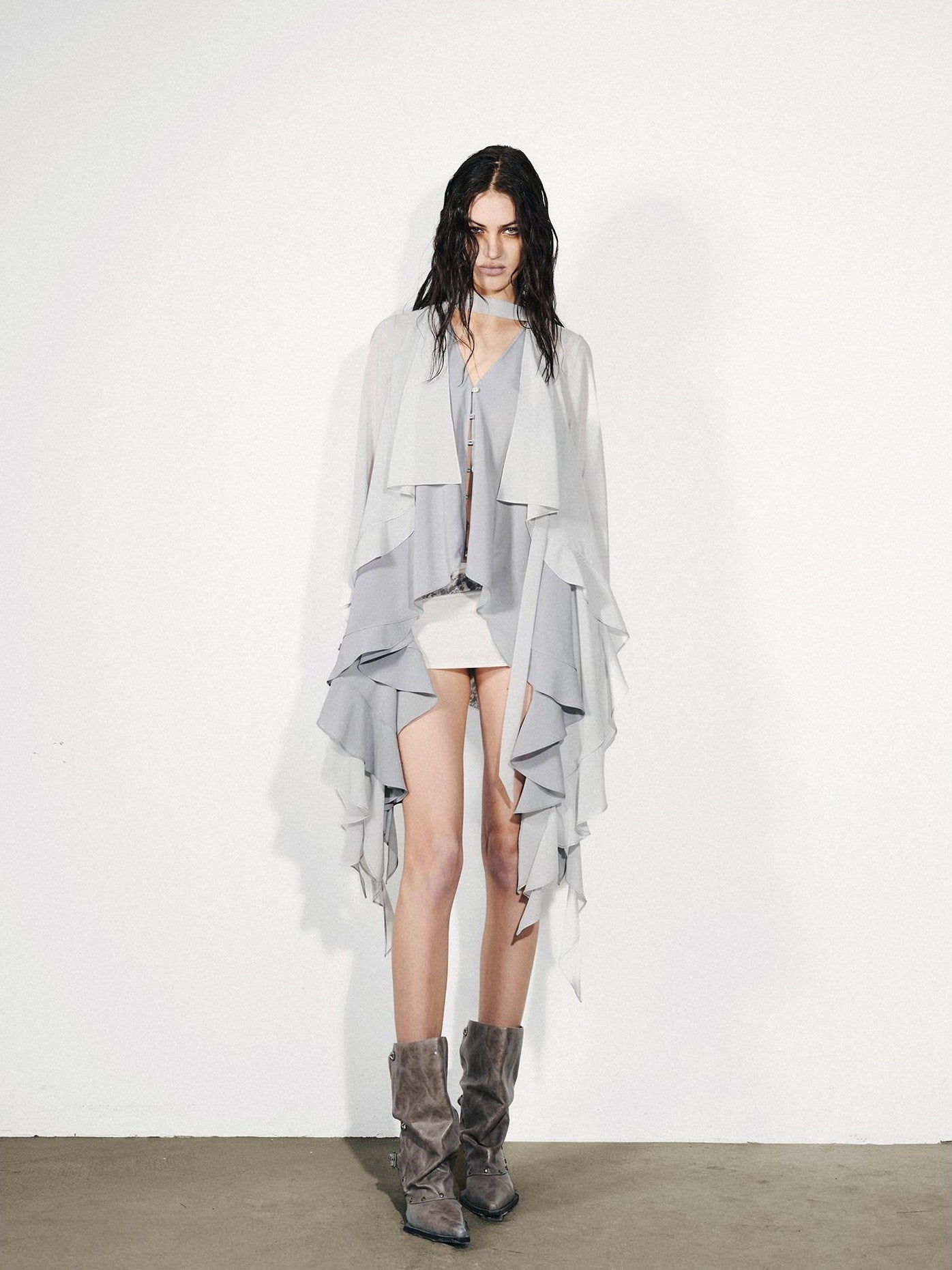 NORTH NODE Feathered Patchwork Asymmetric Layered Ruffle Women&