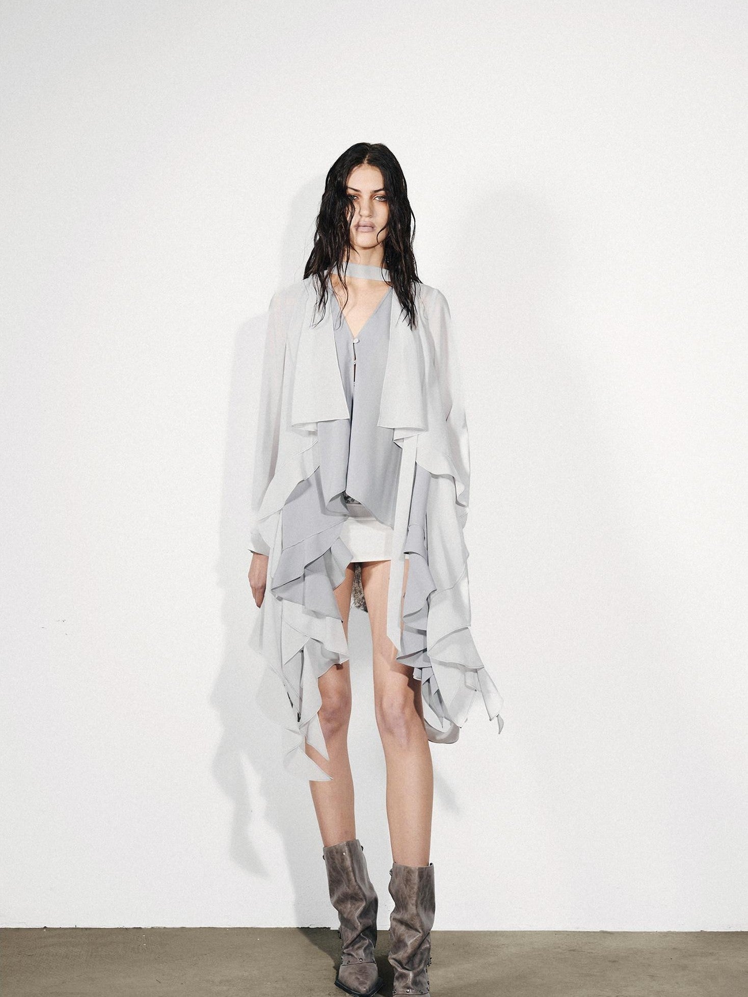 NORTH NODE Feathered Patchwork Asymmetric Layered Ruffle Women&