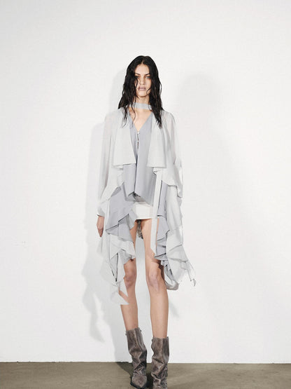 NORTH NODE Feathered Patchwork Asymmetric Layered Ruffle Women&