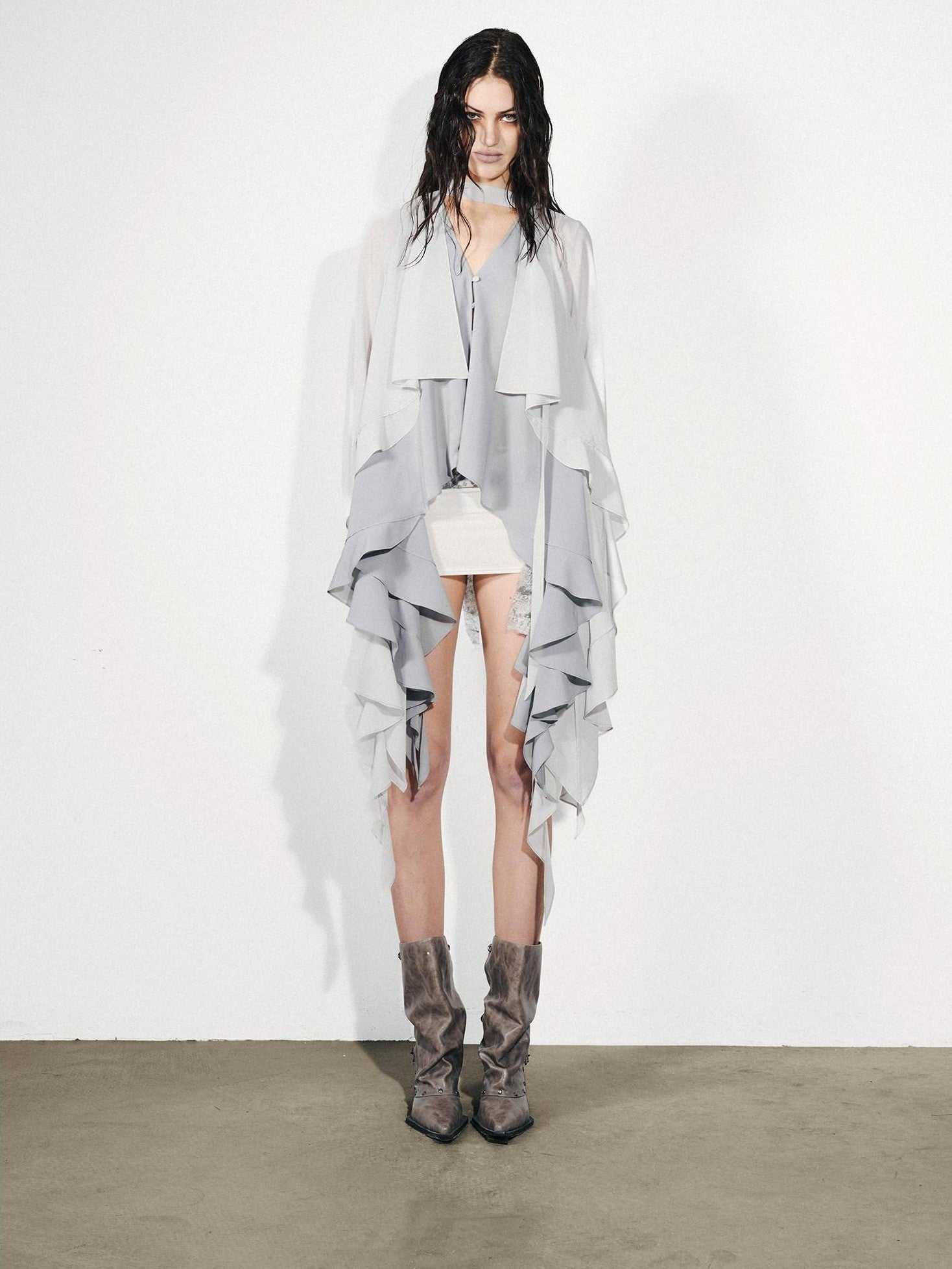 NORTH NODE Feathered Patchwork Asymmetric Layered Ruffle Women&
