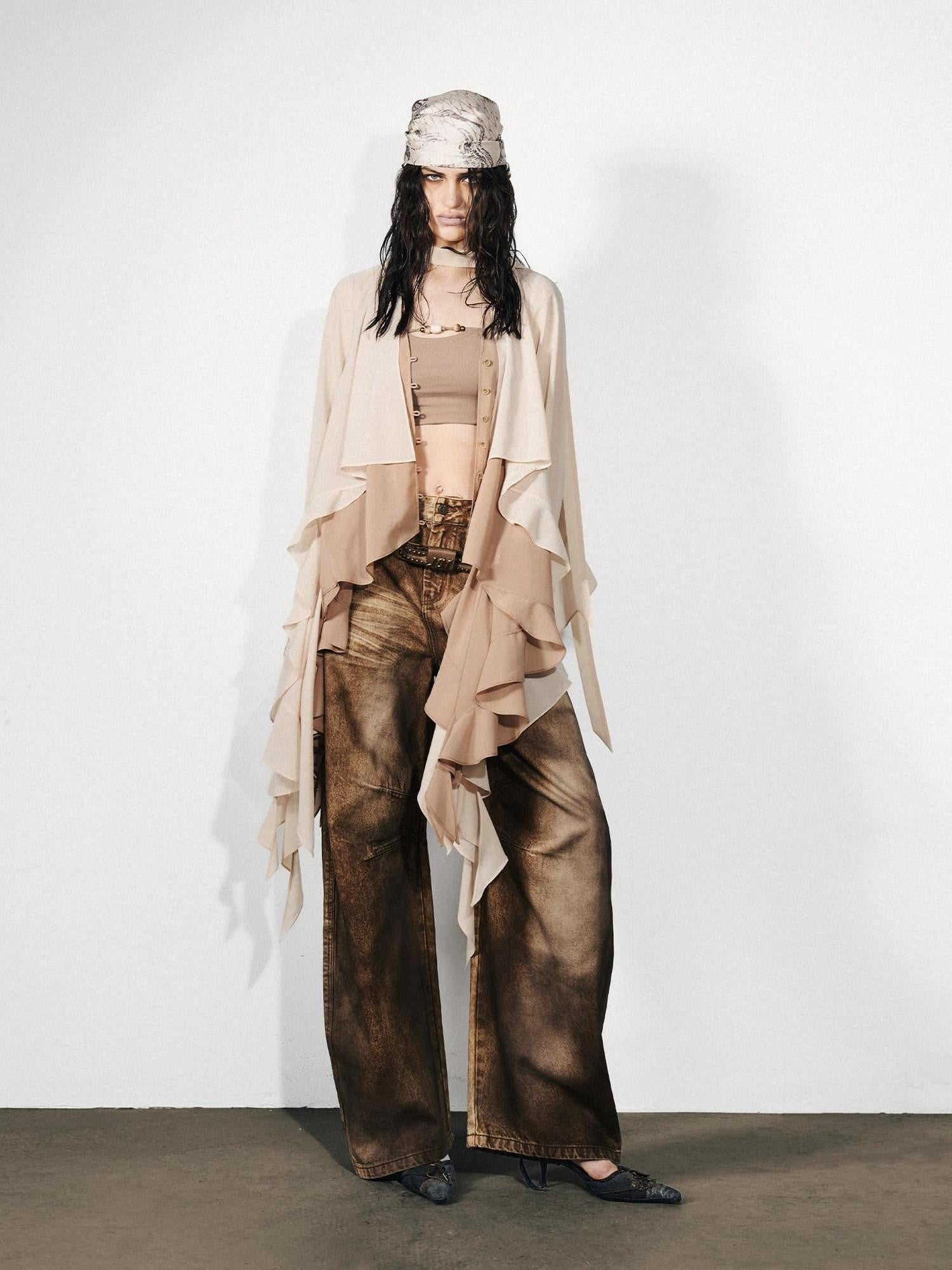 NORTH NODE Feathered Patchwork Asymmetric Layered Ruffle Women&