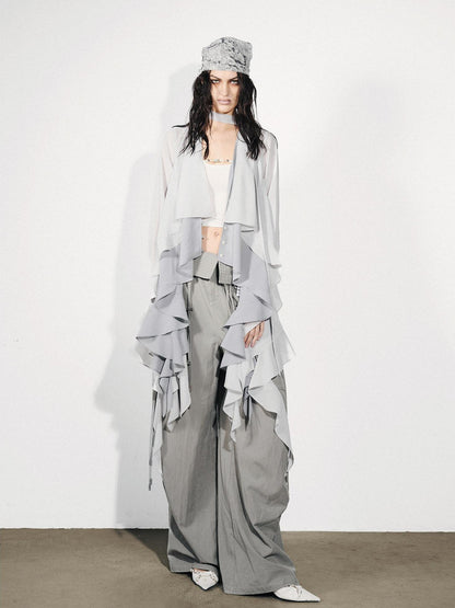 NORTH NODE Feathered Patchwork Asymmetric Layered Ruffle Women&